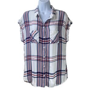 BLL New York Collared Plaid Rolled Cap Sleeve Button Up Shirt Size Medium